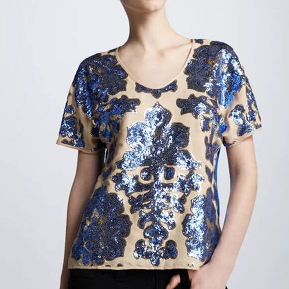 Neiman Marcus Tracy Reese Short Sleeve Sequin Blouse Women Size S Multicolor - Picture 1 of 7